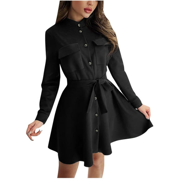 LLYwey s Bodycon Midi Dresses for Women Fashion Casual Stand-Up Collar Solid Color-Breasted Long Sleeve Dress New Prom Dresses Black S