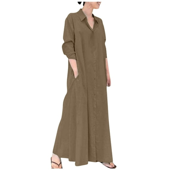 LLYwey s Casual Fall Dresses for Women 2024 Cotton Linen Turndown Collar Long Sleeve Pocket Loose Long Shirt Dress New Flowy Dresses Coffee S