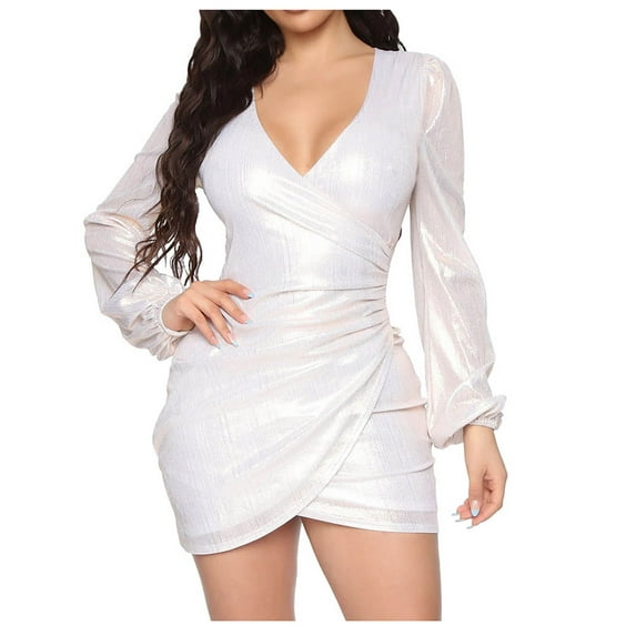 LLYwey s Fall Sweater Dresses for Women 2024 Fashion Slim V-Neck Color Long Sleeve Mini Short Dress New Flowy Dresses White S