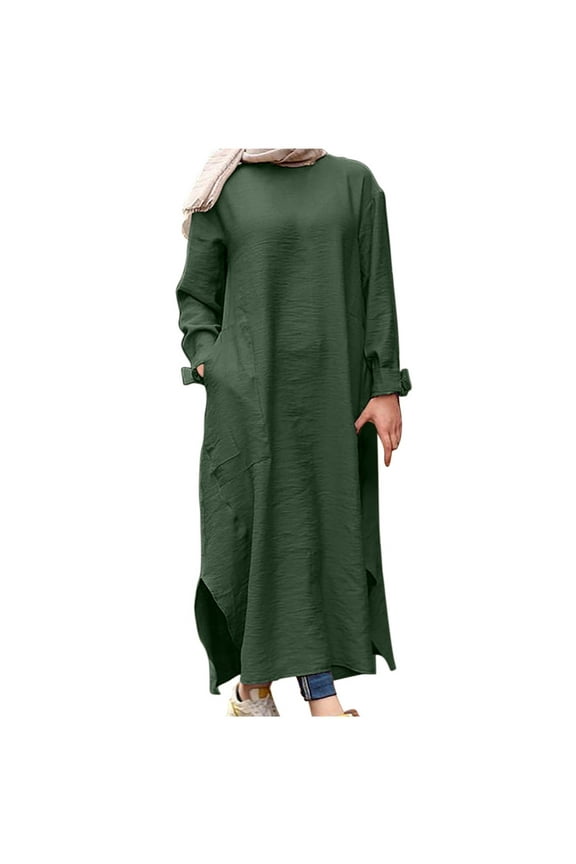 s Long Floral Dresses for Women Fashion Round Neck Loose Pockets Long Sleeve Solid Mid-Calf Long Dress New Cocktail Dresses Green-1 Xxl