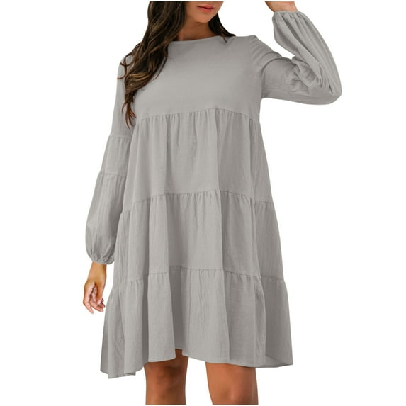 LLYwey s Maxi Wedding Guest Dresses for Women Solid Color Round Neck Lantern Long Sleeve Bodice Dress New Cocktail Dresses Gray M