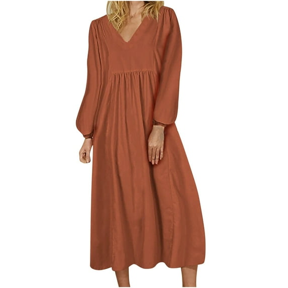 LLYwey s Women Homecoming Dresses 2024 V-Neck Solid Color Loose Casual Fashion Long Sleeve Dress New Prom Dresses Orange Xl