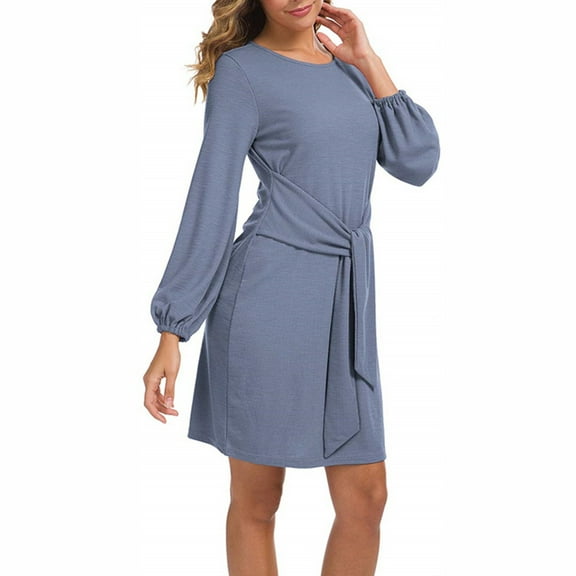 LLYwey s Business Dresses for Women 2024 Long Sleeve Bandage Draw Back Round Neck Casual Fashion Dress New Wedding Dresses Blue S