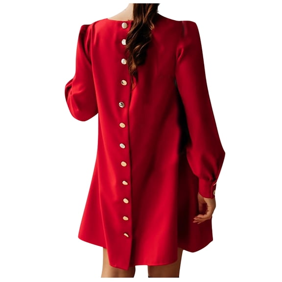 LLYwey Long Dresses for Women Casual Fashion Lining Long-Sleeve Round Neck Dress with Metal Buttons New Fall Dresses Red M