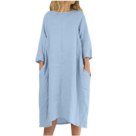 LLYwey s Long Sleeve Wedding Guest Dress Fashion Casual Large Size Round Neck Pocket Solid Color Linen Long Dress New Cocktail Dresses Light Blue M