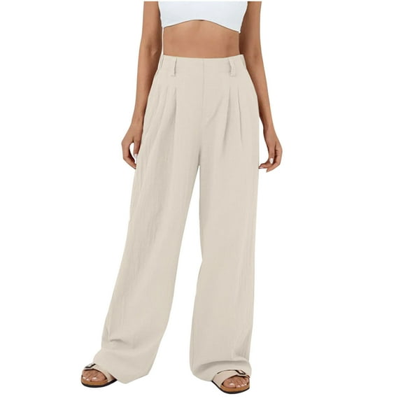 LLYwey s Sweat Pants for Womens Long Pants Solid Color High Waist Straight Leg Pants with Pocket Elastic Wide Leg Casual Loose Pants New Full Length Pants Regular Fitted Beige XL