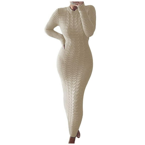 LLYwey s Women's Dresses for Wedding Guest Fashion Color Flowers Knitting Long Sleeves Dress New Holiday Dresses Beige S