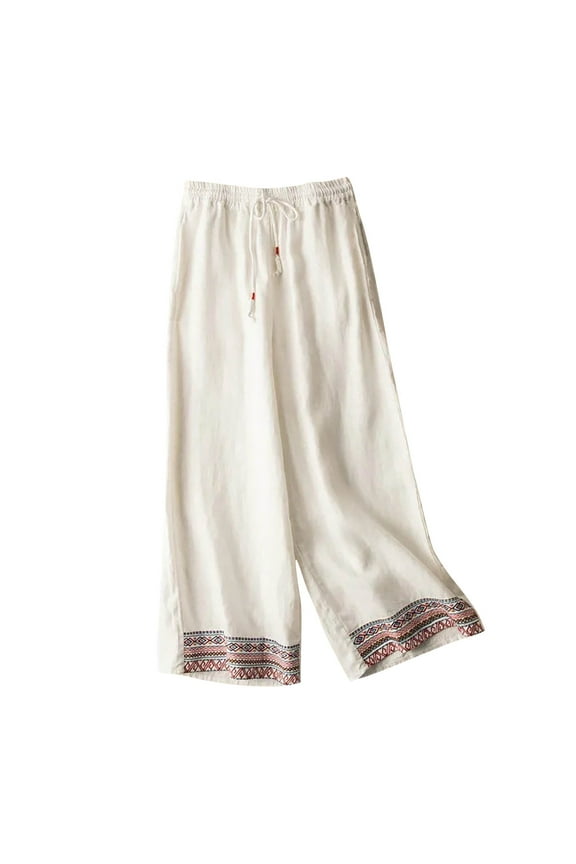 s Womens Travel Pants Ladies Summer Fashion Solid Color Embroidery Art Style Flowing Double Layer Thin Straight Leg Wide Leg Pants New Full Length Pants Regular Fitted White 3XL