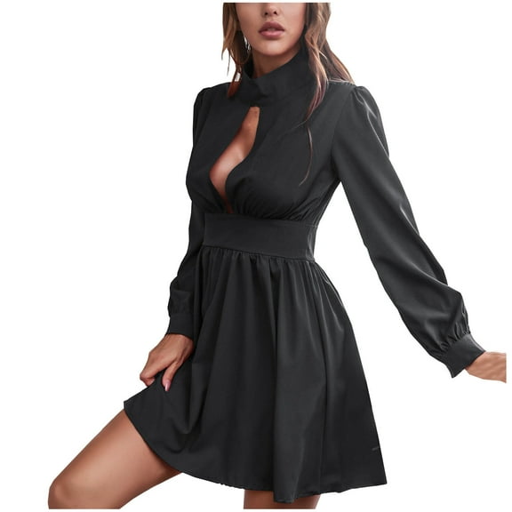 LLYwey s formal Dresses for Women 2024 Elegant Casual Fashion Solid Color Turtleneck Long Sleeve Pleated Dress New formal Dresses Black Xl