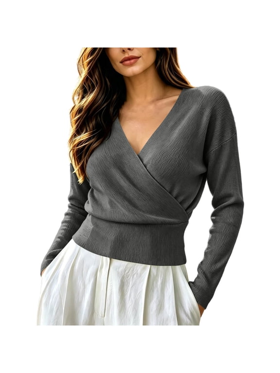 Sweaters Tops for Women Deep V Neck Long Sleeve Knit Tops Fall Winter Fashion Casual Slim Fitting Shirts Tops