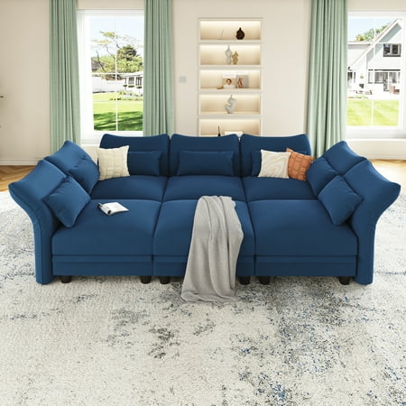 LLappuil 102" Modular Sectional Sofa, 6 Seat Modular Sectional Sofa with 1 Storage Ottoman, 25.6“ Seat Deep Sofa Blue