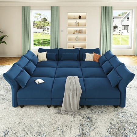 LLappuil 102" Modular Sectional Sofa, 9 Seat Modular Sectional Sofa with 2 Storage Ottoman, 25.6“ Seat Deep Sofa Blue