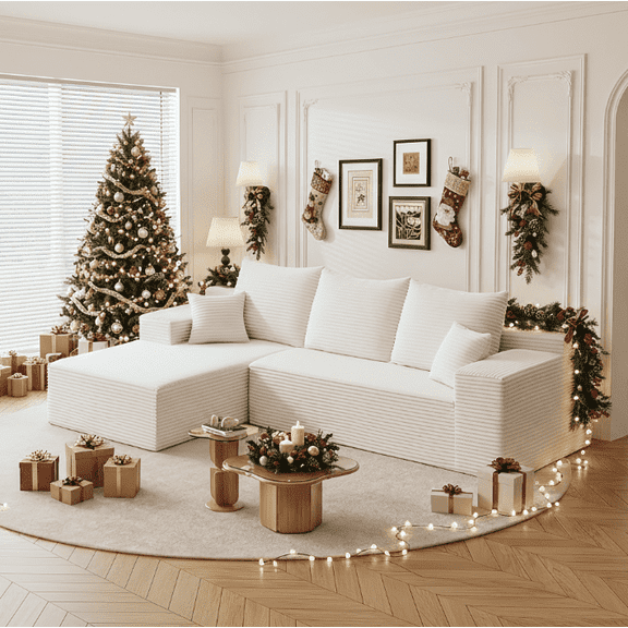 LLappuil 108" Sectional Sofa, Modular Sectional Couch with Right Chaise, Deep Seat Corduroy Cloud Sofa for Living Room White