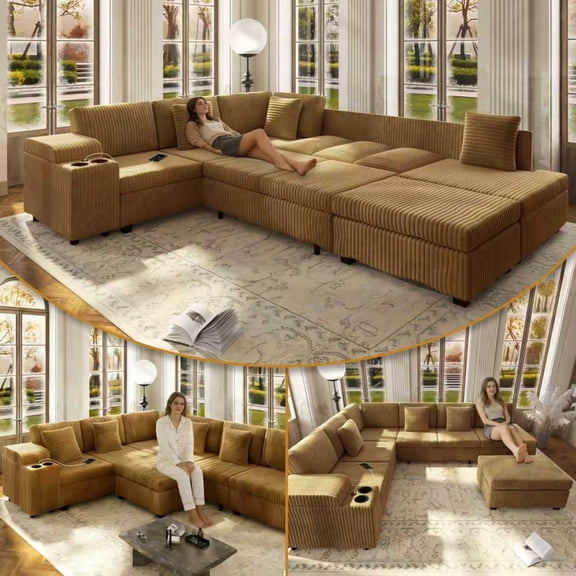 LLappuil 110" Sectional Sofa, Modular Sectional Couch Convertible Sofa Bed, 7 Seat Corduroy Sofa Couch with Movable Ottoman, Hidden Armrest Storage & USB Charging Ports Camel