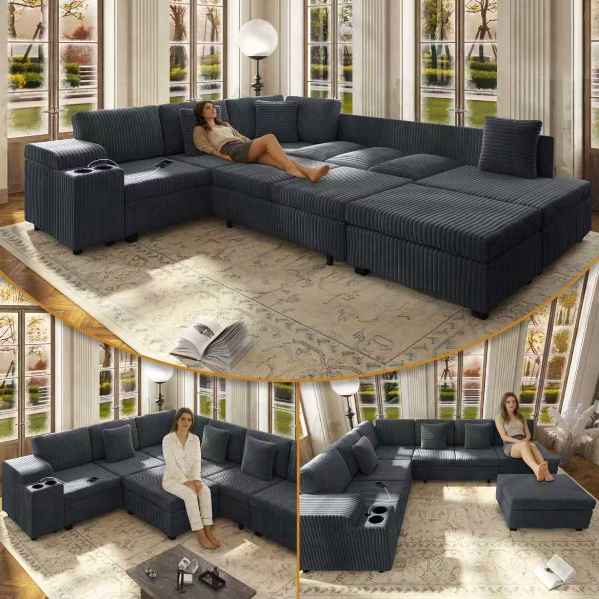LLappuil 110" Sectional Sofa, Modular Sectional Couch Convertible Sofa Bed, 7 Seat Corduroy Sofa Couch with Movable Ottoman, Hidden Armrest Storage & USB Charging Ports Dark Gray