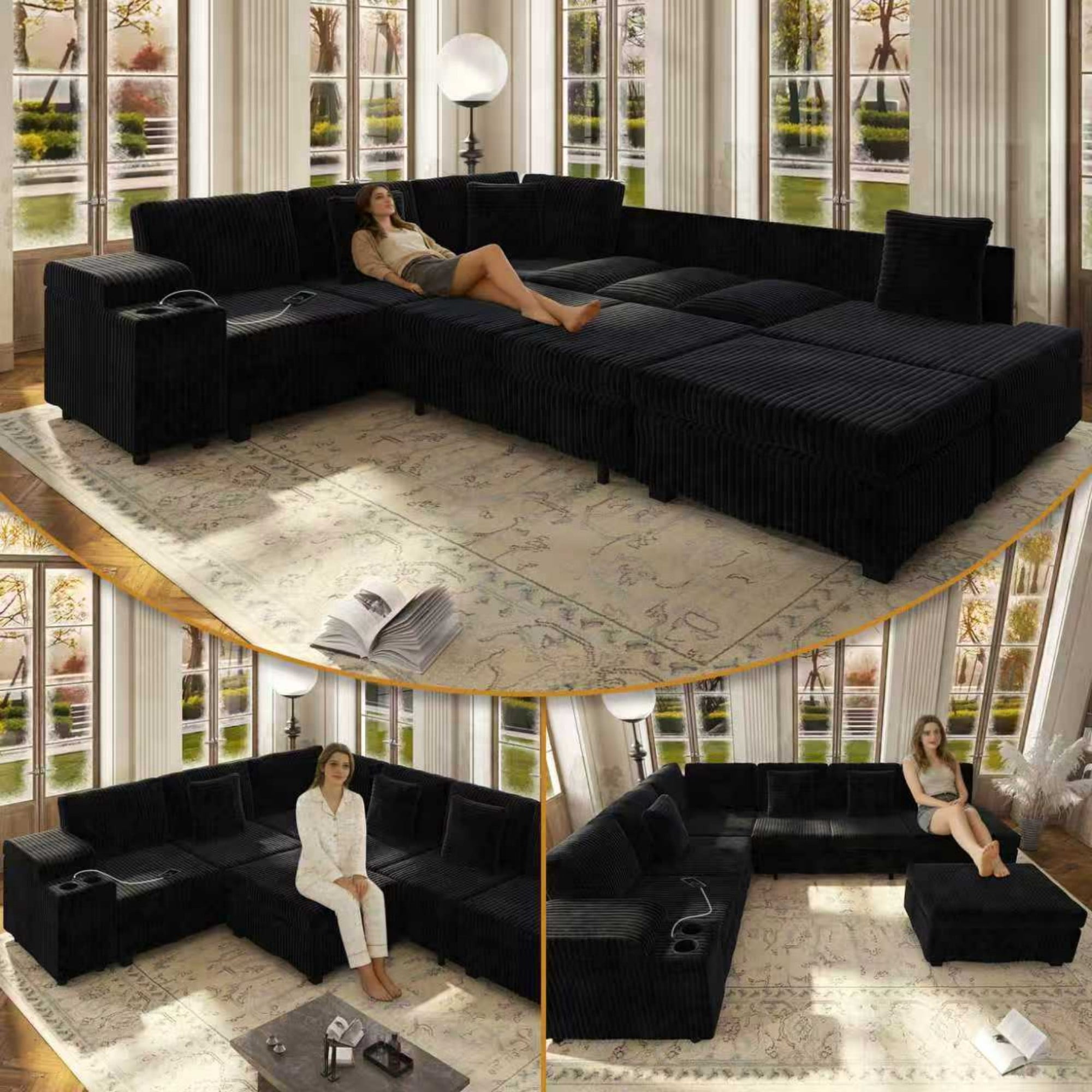LLappuil 110" Sectional Sofa, Modular Sectional Couch Convertible Sofa Bed, 7 Seat Corduroy Sofa Couch with Movable Ottoman, Hidden Armrest Storage & USB Charging Ports Black