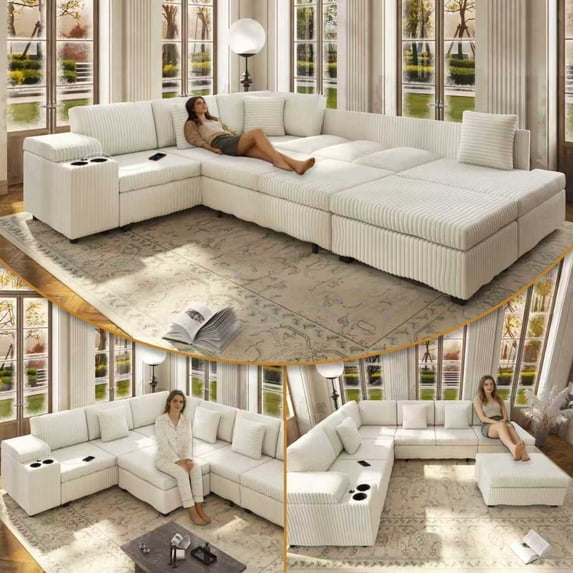 LLappuil 110" Sectional Sofa, Modular Sectional Couch Convertible Sofa Bed, 7 Seat Corduroy Sofa Couch with Movable Ottoman, Hidden Armrest Storage & USB Charging Ports Beige