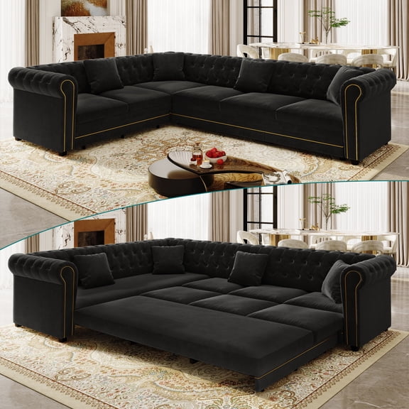 LLappuil 115" Sectional Sofa, Oversized Sectional Couch with Pull Out Sofa Bed King Size, Velvet Button Tufted Chesterfield Sofa Couch with Trim Rolled Arms for Living Room Black
