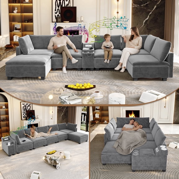 LLappuil 121" Sectional Sofa, Modular Sectional Couch Convertible Sofa Bed, Chenille Cloud Sofa Couch with Hidden Storage & USB Ports & Cup Holders & Bluetooth Speaker for Living Room Gray