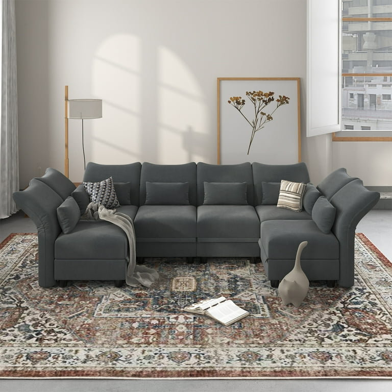 LLappuil 127.8 inch 6 Seater Velvet U Shaped Modular Sectional Sofa with Storage Chaise High Back Recliner Modular Sleeper Couches for Living Room