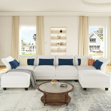 LLappuil 128" Modular Sectional Sofa, 6 Seat Modular Sectional Sofa with 2 Storage Ottoman, 25.6“ Seat Deep Sofa White