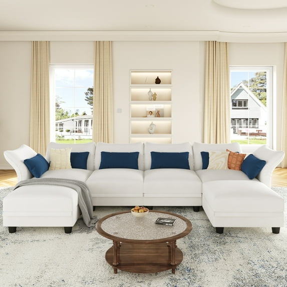 LLappuil 128" Modular Sectional Sofa, 6 Seat Modular Sectional Sofa with 2 Storage Ottoman, 25.6“ Seat Deep Sofa White
