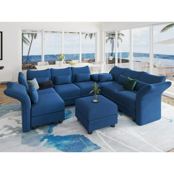LLappuil 128" Modular Sectional Sofa, 8 Seat Modular Sectional Sofa with 1 Storage Ottoman, 25.6“ Seat Deep Sofa Blue