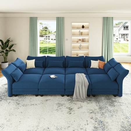 LLappuil 128" Modular Sectional Sofa, 8 Seat Modular Sectional Sofa with 2 Storage Ottoman, 25.6“ Seat Deep Sofa Blue