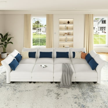 LLappuil 128" Modular Sectional Sofa, 8 Seat Modular Sectional Sofa with 2 Storage Ottoman, 25.6“ Seat Deep Sofa White