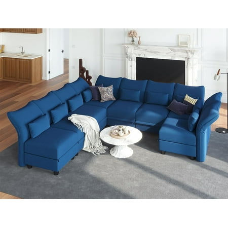 LLappuil 128" Modular Sectional Sofa, 8 Seat Modular Sectional Sofa with Storage, 25.6“ Seat Deep Sofa Blue