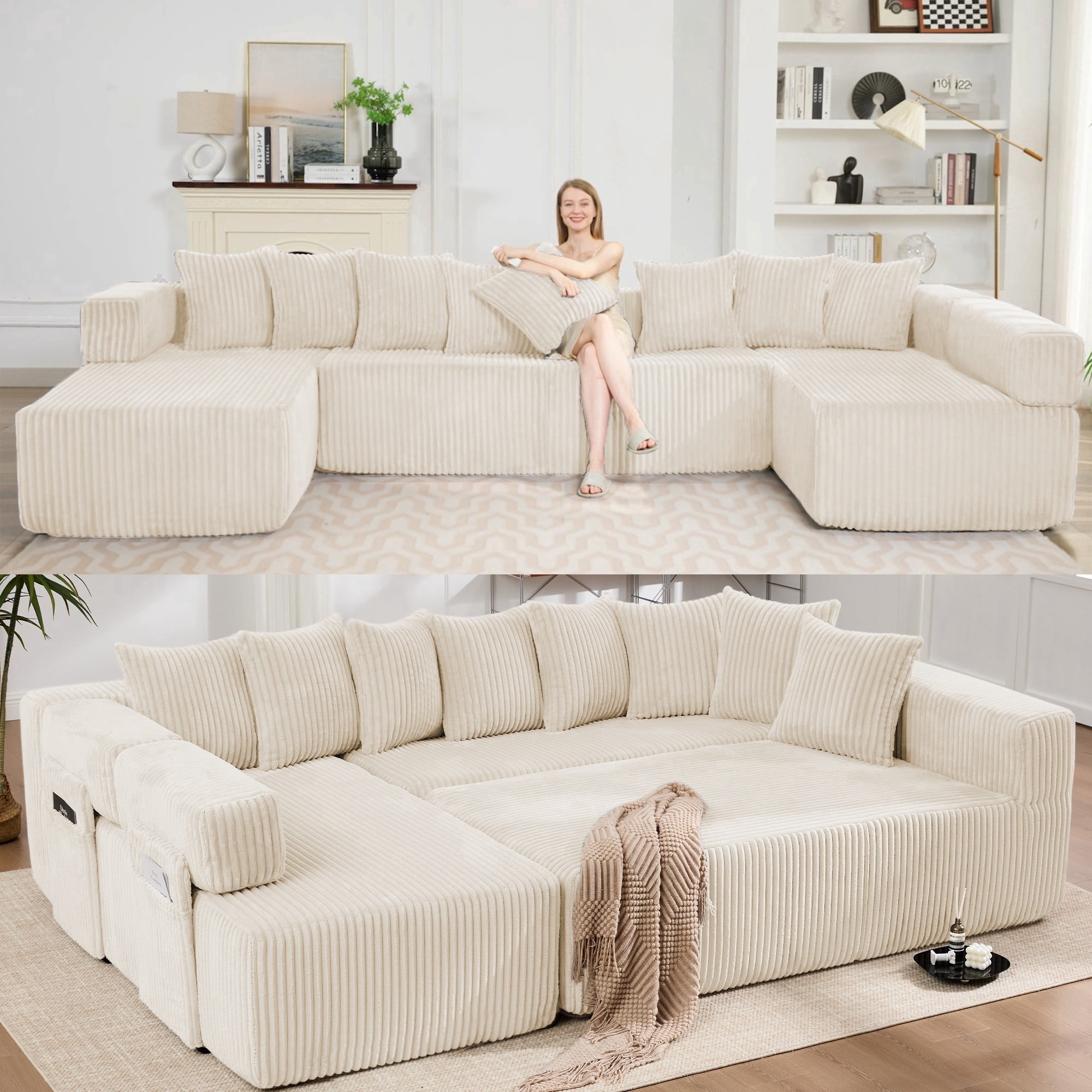 LLappuil 146" Sectional Sofa, U Shaped Sectional Couch with Chaise, 5 Seat Corduroy Sofa Convertible Sleeper Sofa Bed for Living Room Beige