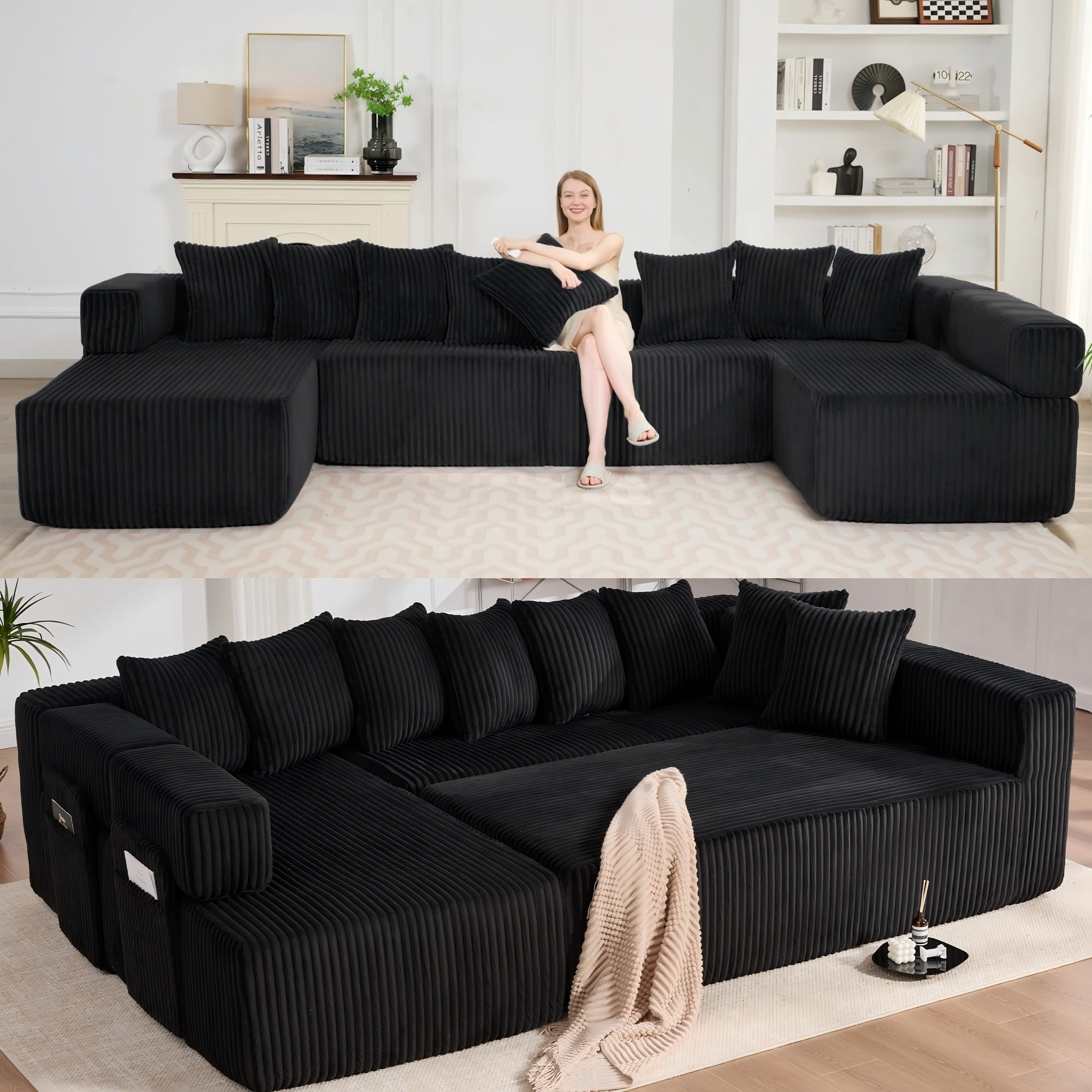 LLappuil 146" Sectional Sofa, U Shaped Sectional Couch with Chaise, 5 Seat Corduroy Sofa Convertible Sleeper Sofa Bed for Living Room Black