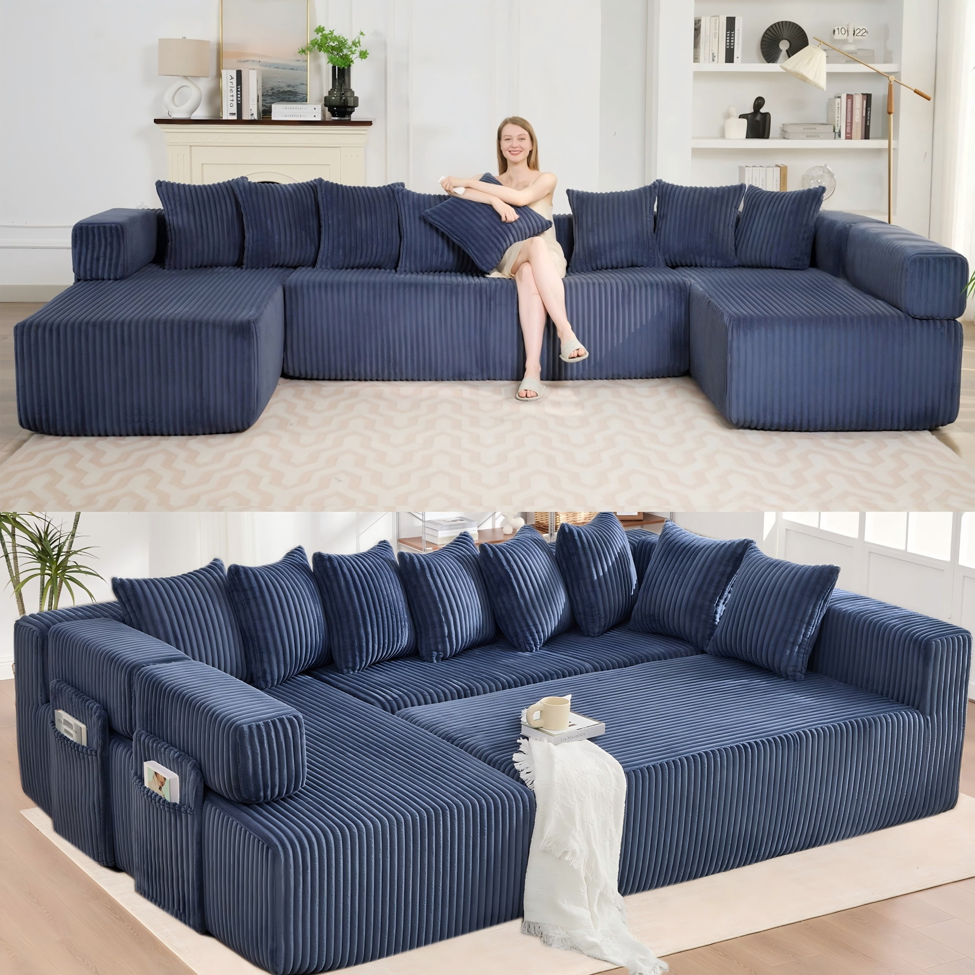LLappuil 146" Sectional Sofa, U Shaped Sectional Couch with Chaise, 5 Seat Corduroy Sofa Convertible Sleeper Sofa Bed for Living Room Blue