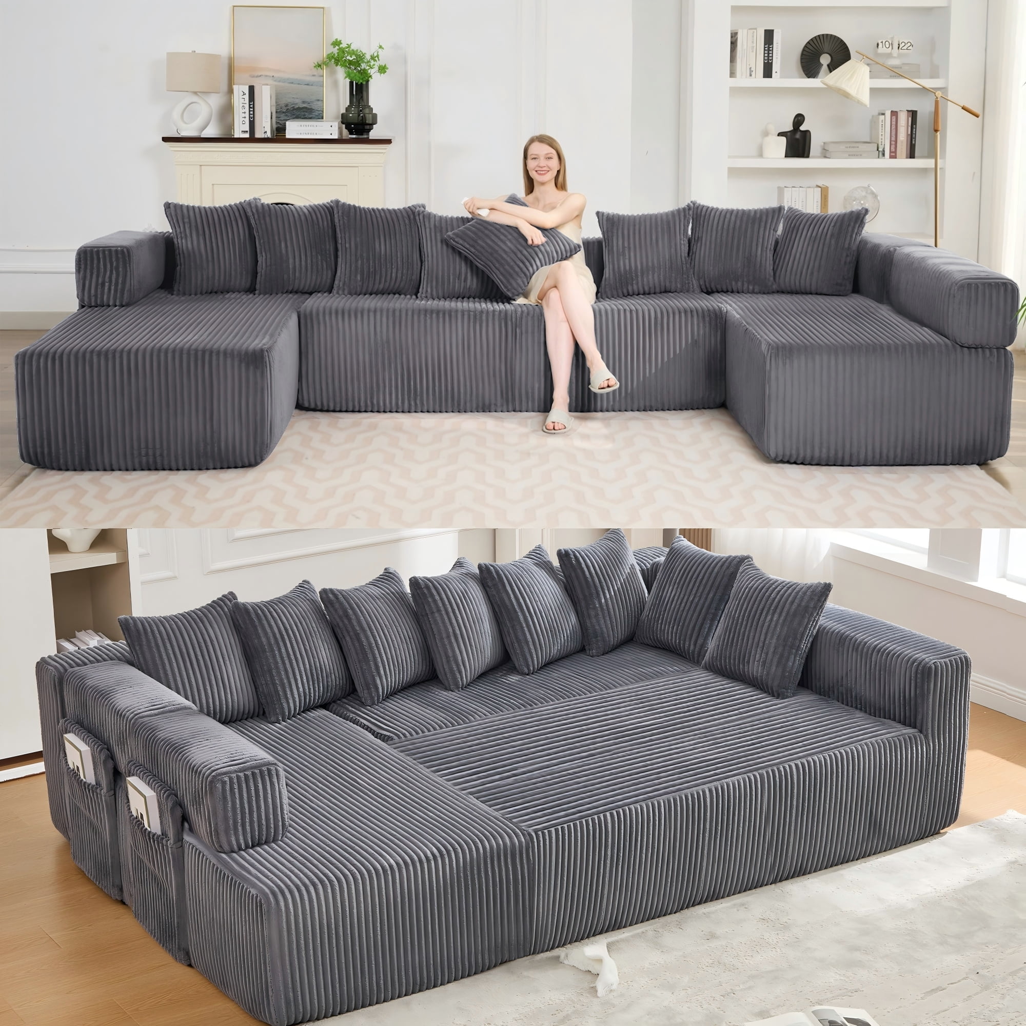 LLappuil 146" Sectional Sofa, U Shaped Sectional Couch with Chaise, 5 Seat Corduroy Sofa Convertible Sleeper Sofa Bed for Living Room Dark Gray