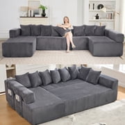 LLappuil 146" Sectional Sofa, U Shaped Sectional Couch with Chaise, 5 Seat Corduroy Sofa Convertible Sleeper Sofa Bed for Living Room Dark Gray