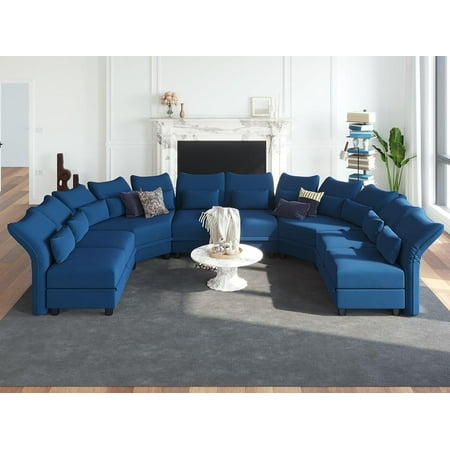 LLappuil 163" Modular Sectional Sofa, 8 Seat Modular Sectional Sofa with 2 Storage Corner Seat, 25.6“ Seat Deep Sofa Blue