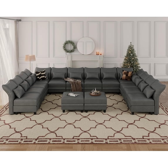 LLappuil 179" Modular Sectional Sofa, 14 Seat Modular Sectional Sofa with 2 Storage Ottoman, 25.6“ Seat Deep Faux Leather Sofa Dark Gray