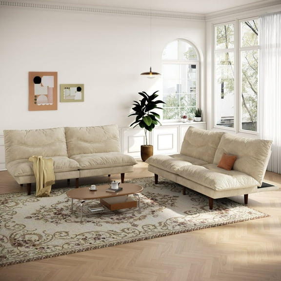 LLappuil 2 Piece 71" Corduroy Futon Convertible Sofa Bed, Loveseat Sleeper Sofa Couch for Living Room Apartment Beige