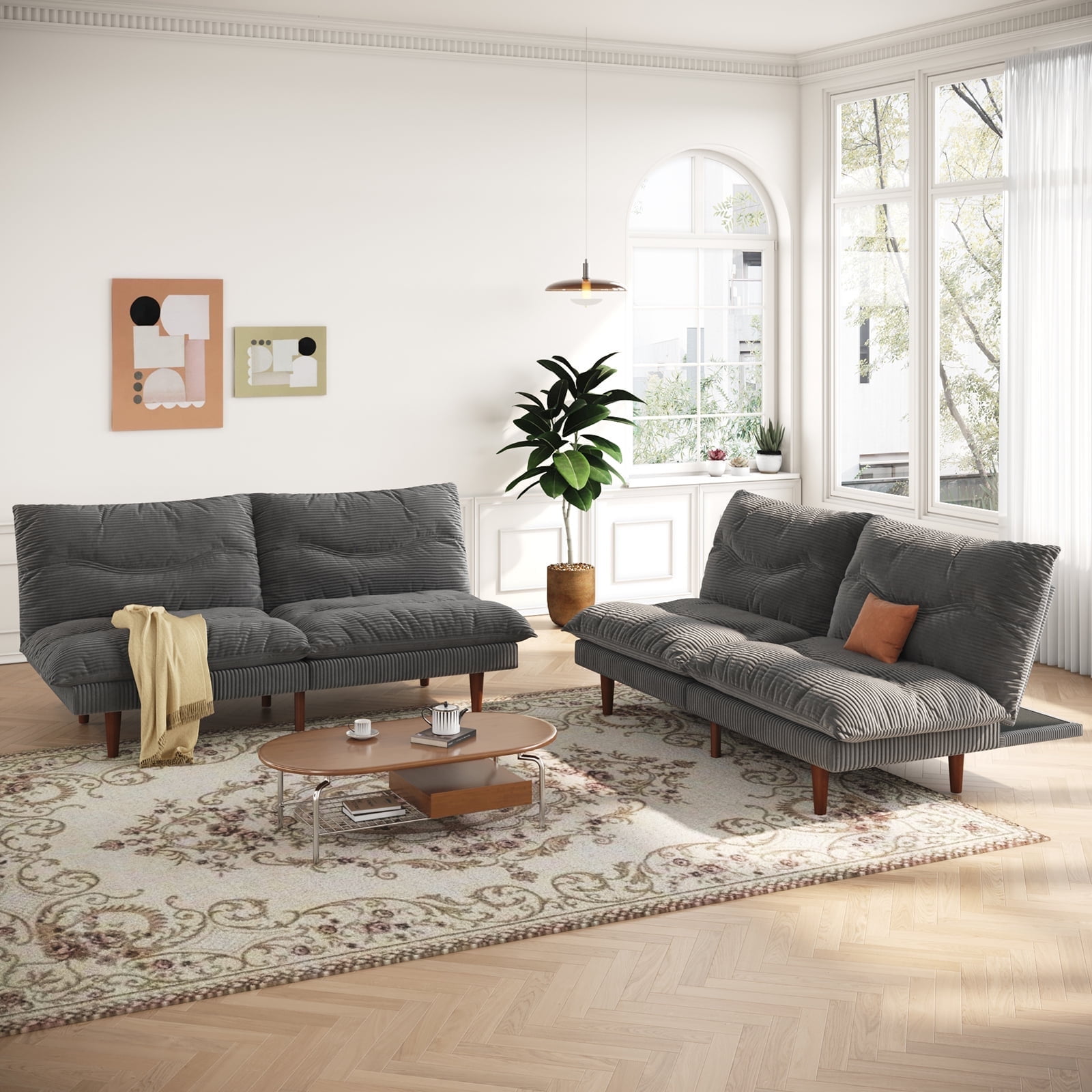 LLappuil 2 Piece 71" Corduroy Futon Convertible Sofa Bed, Loveseat Sleeper Sofa Couch for Living Room Apartment Gray