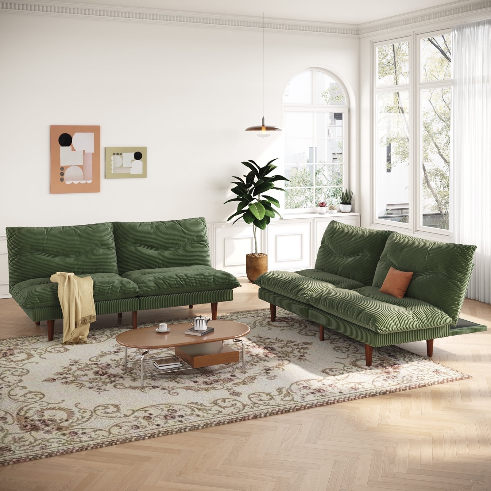 LLappuil 2 Piece 71" Corduroy Futon Convertible Sofa Bed, Loveseat Sleeper Sofa Couch for Living Room Apartment Green