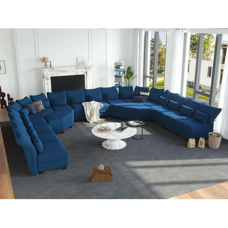 LLappuil 215" Modular Sectional Sofa, 16 Seat Modular Sectional Sofa with 2 Large Storage Ottoman, 25.6“ Seat Deep Corner Sofa Blue