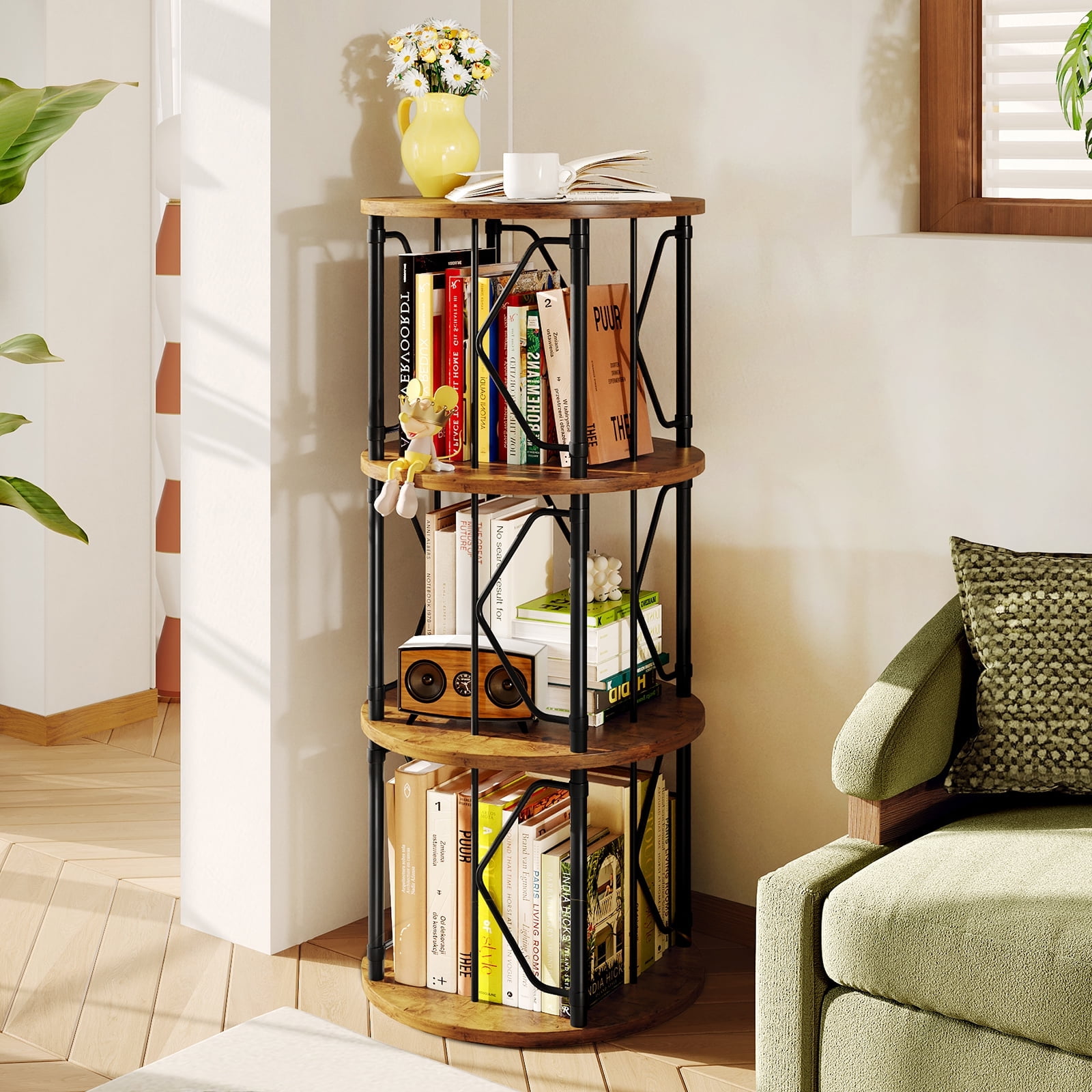 LLappuil 3 Tier Rotating Bookshelf, 360° Display Swivel Bookcase, Corner Bookshelf for for Bedroom, Living Room Brown