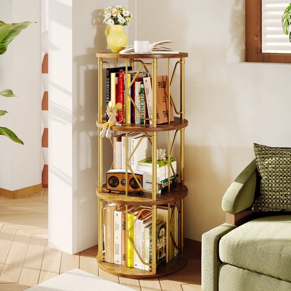 LLappuil 3 Tier Rotating Bookshelf, 360° Display Swivel Bookcase, Corner Bookshelf for for Bedroom, Living Room Gold