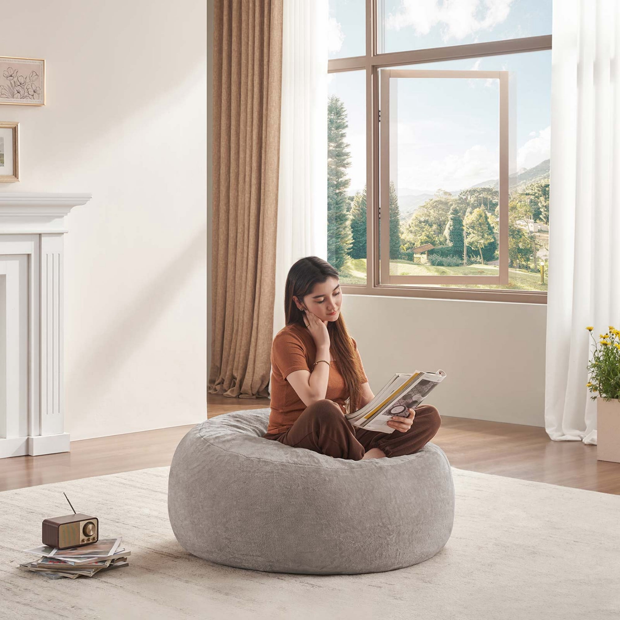 LLappuil 4 Feet Bean Bag Chair, Lazy Sofa Chair for Adults, Memory Foam Bean Bag Chairs with Filler Included for Living Room Bedroom Khaki