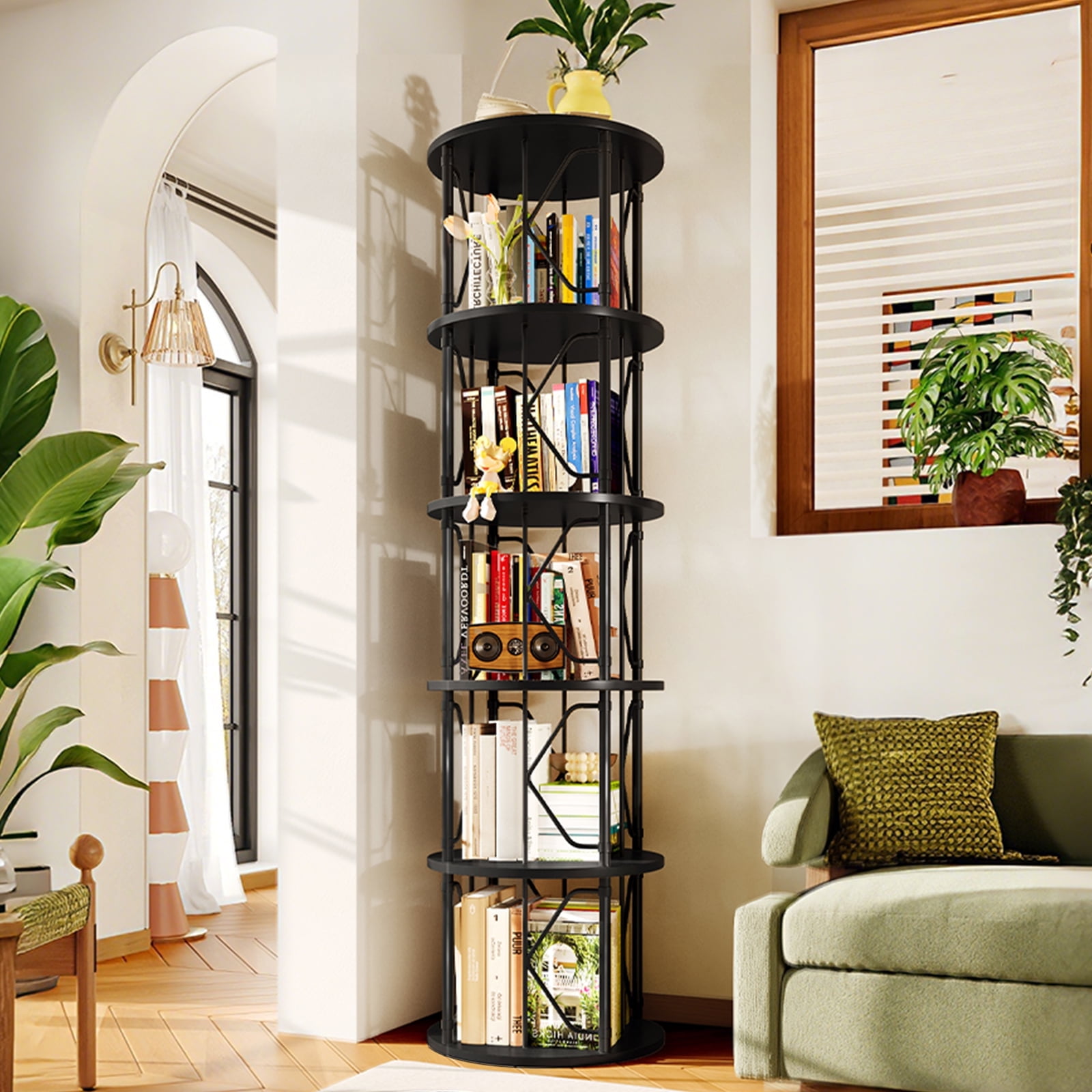 LLappuil 5 Tier Rotating Bookshelf, 360° Display Swivel Bookcase, Corner Bookshelf for for Bedroom, Living Room Black