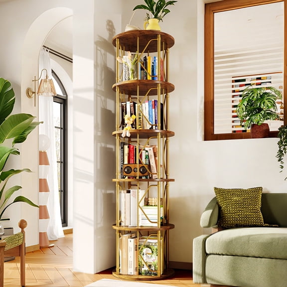 LLappuil 5 Tier Rotating Bookshelf, 360° Display Swivel Bookcase, Corner Bookshelf for for Bedroom, Living Room Gold