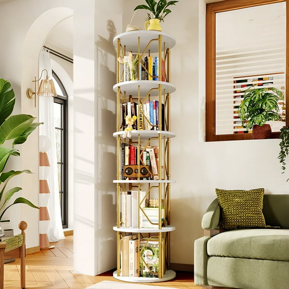 LLappuil 5 Tier Rotating Bookshelf, 360° Display Swivel Bookcase, Corner Bookshelf for for Bedroom, Living Room White