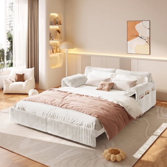 LLappuil 66" Corduroy Sofa, Pull Out Sofa Bed Queen Size, Loveseat Sofa Convertible Sofa Bed for Living Room Beige