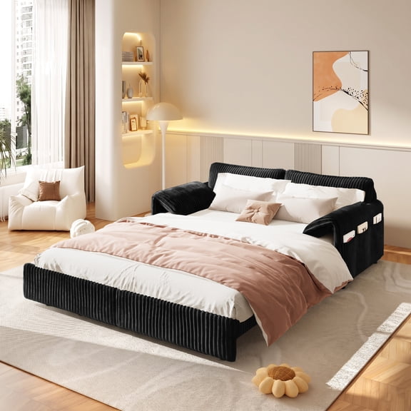 LLappuil 66" Corduroy Sofa, Pull Out Sofa Bed Queen Size, Loveseat Sofa Convertible Sofa Bed for Living Room Black