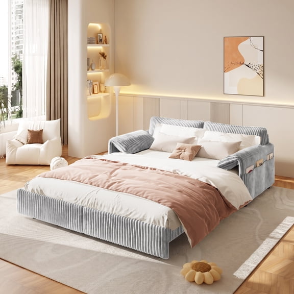 LLappuil 66" Corduroy Sofa, Pull Out Sofa Bed Queen Size, Loveseat Sofa Convertible Sofa Bed for Living Room Light Gray